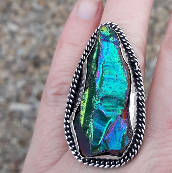 New Rainbow Titanium Crystal Quartz 925 Silver Statement Ring. - Picture 2 of 8